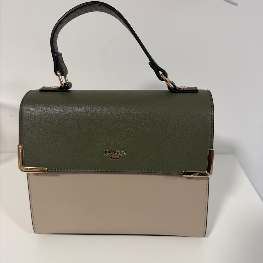Two-Tone Olive & Beige Structured Top-Handle Bag
